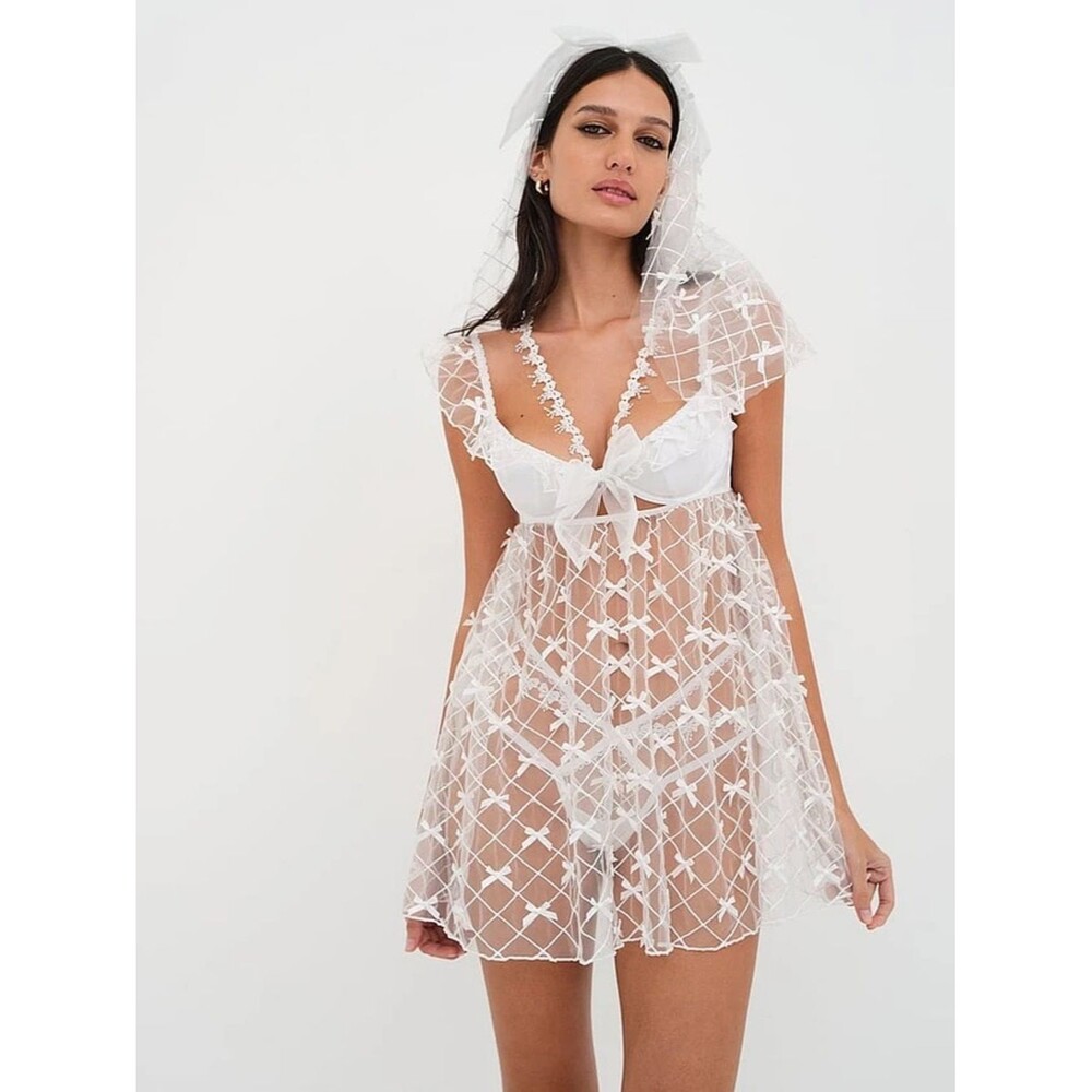 NWT FOR LOVE & LEMONS Fiorella White Bow Sheer Slip Dress Bridal Romantic Sz M